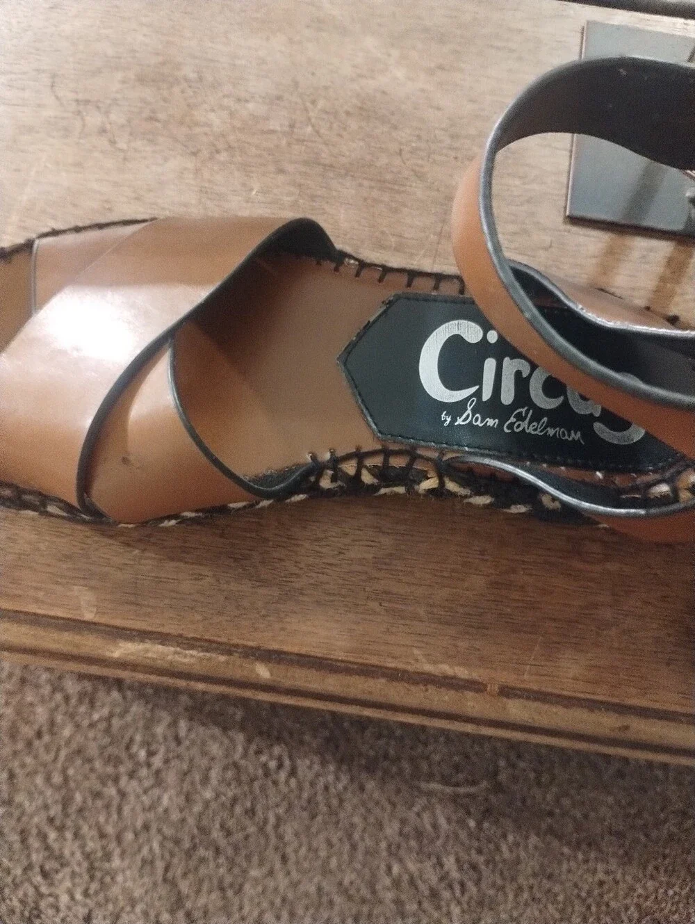 Sam Edelman Tan Brown Leather Wedge Sandals with Ankle Strap